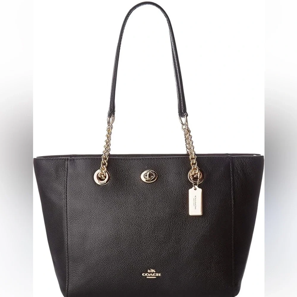 Coach 57107 Black Leather Turnlock Silver Chain Strap Tote Bag - Picture 1 of 13